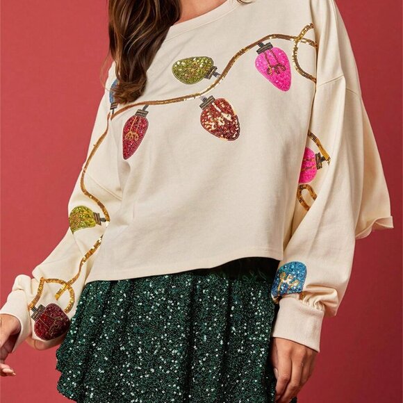 Apricot Casual Women's Sequins Christmas Light Holiday Sweatshirt - Picture 5 of 6